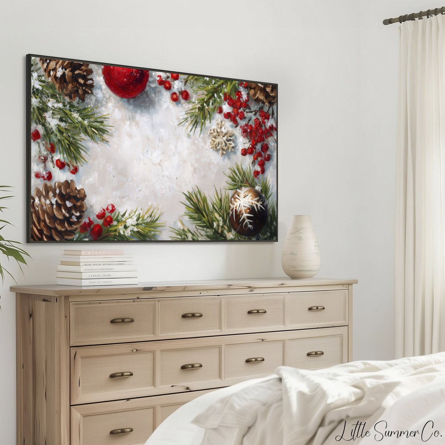 Pinecones and Berries Border Frame TV Art displayed on a TV