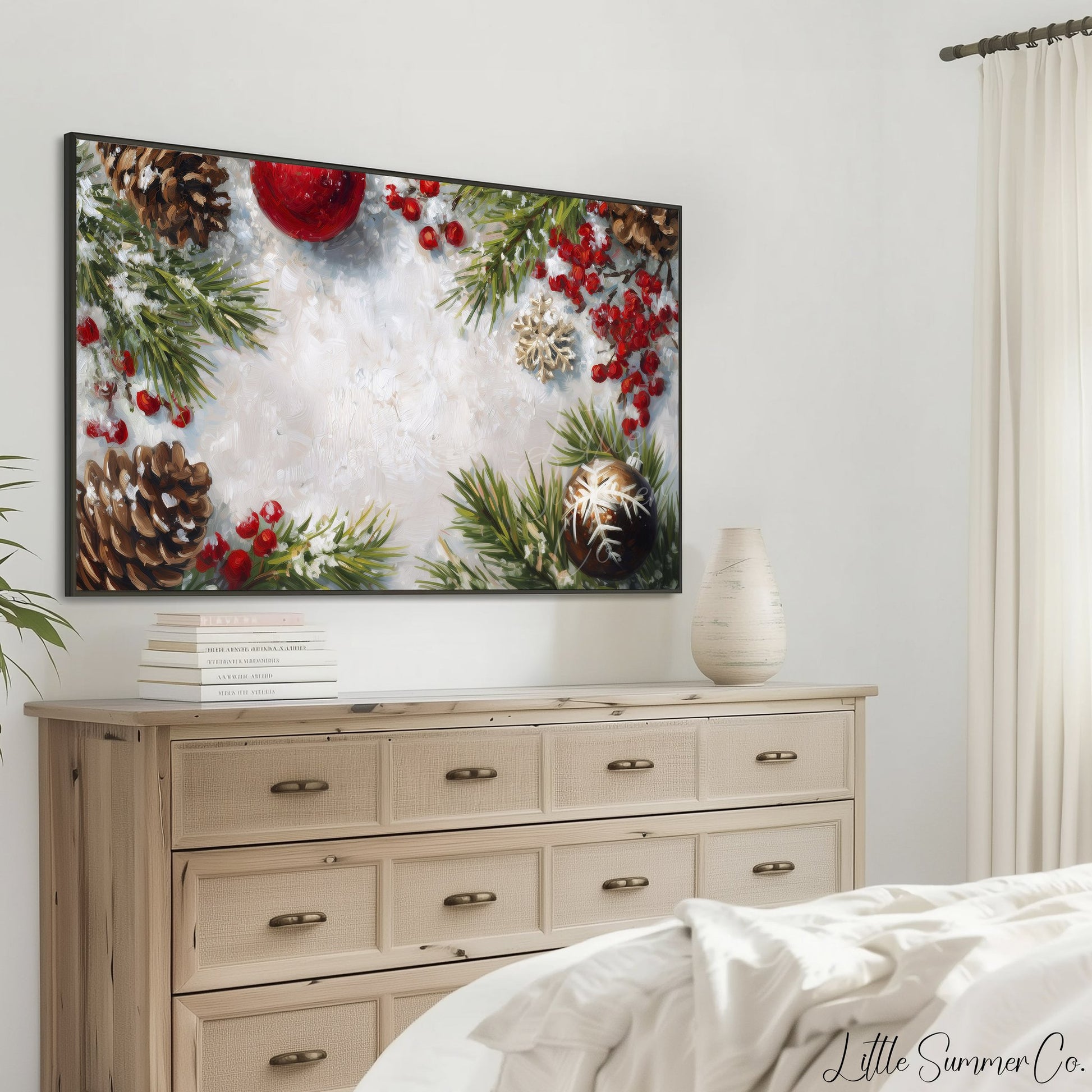 Pinecones and Berries Border Frame TV Art displayed on a TV