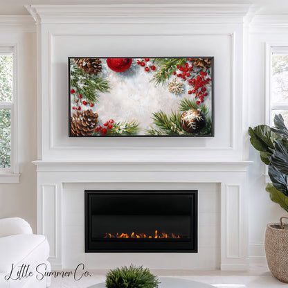 Pinecones and Berries Border Frame TV Art displayed on a TV