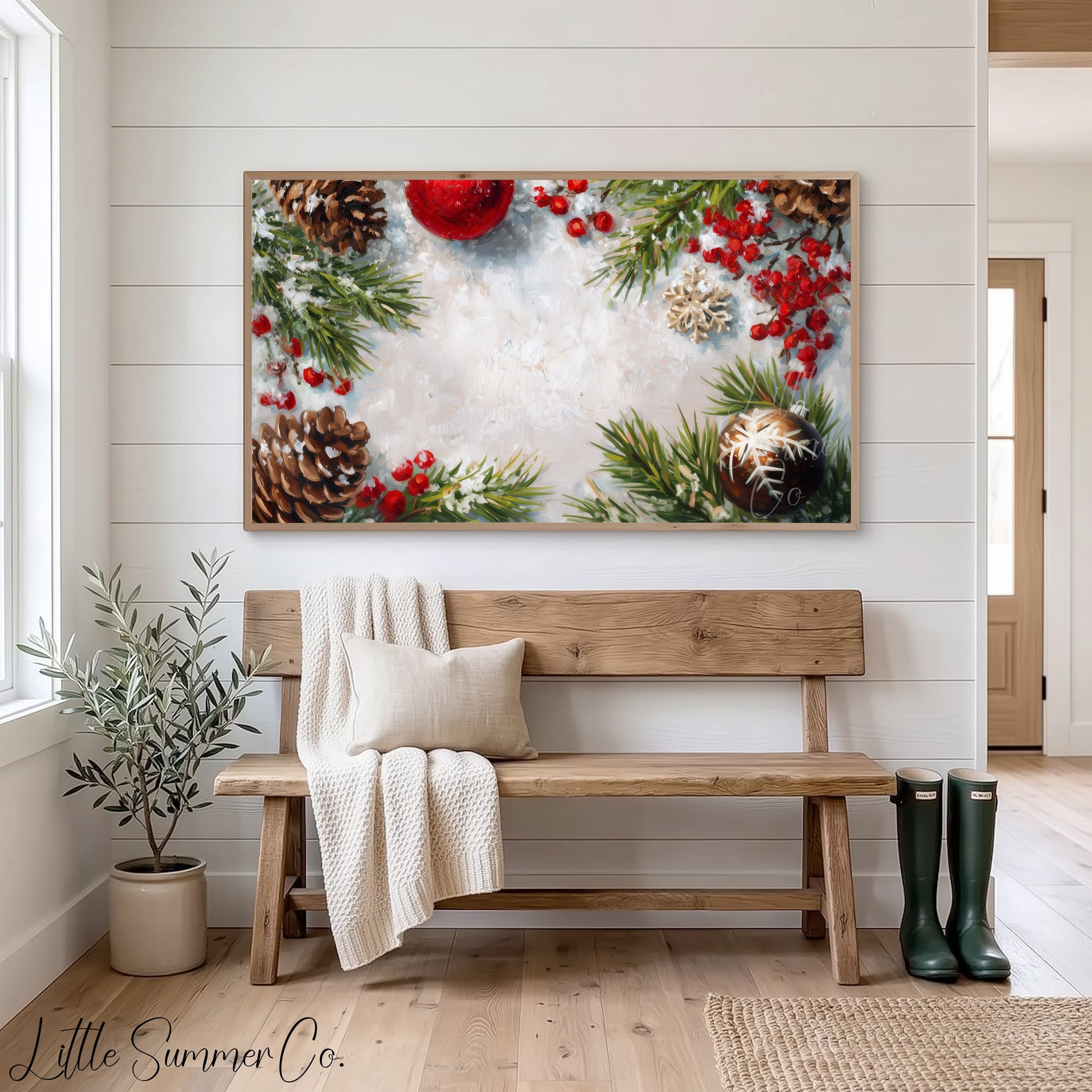 Pinecones and Berries Border Frame TV Art displayed on a TV