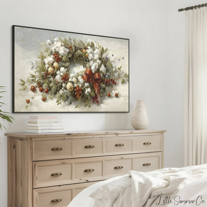 Christmas Wreath with Berries Frame TV Art displayed on a TV