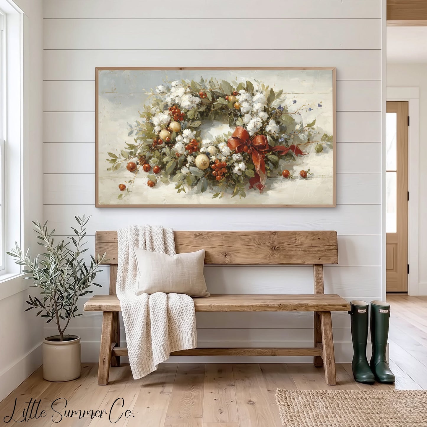 Christmas Wreath with Berries Frame TV Art displayed on a TV