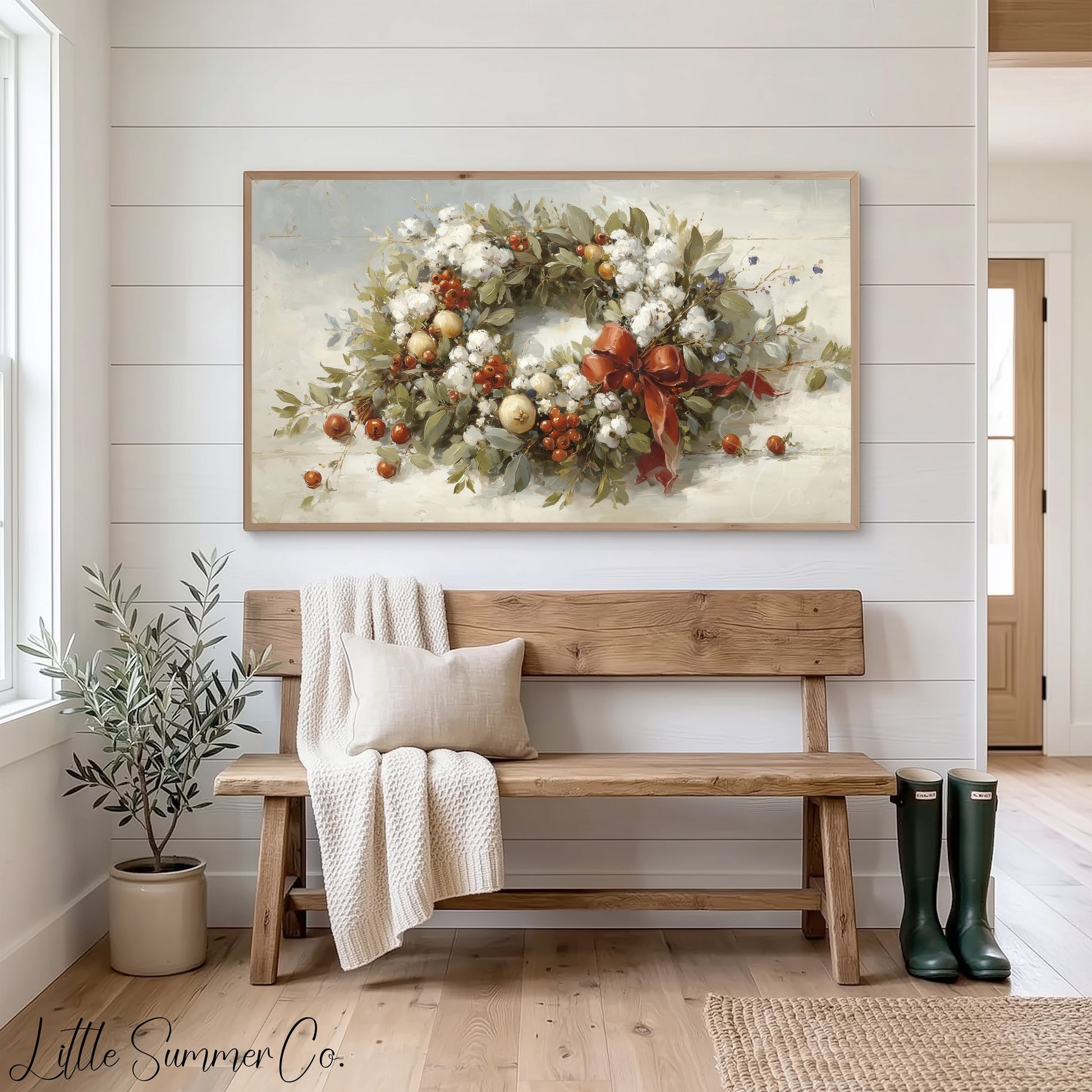 Christmas Wreath with Berries Frame TV Art displayed on a TV