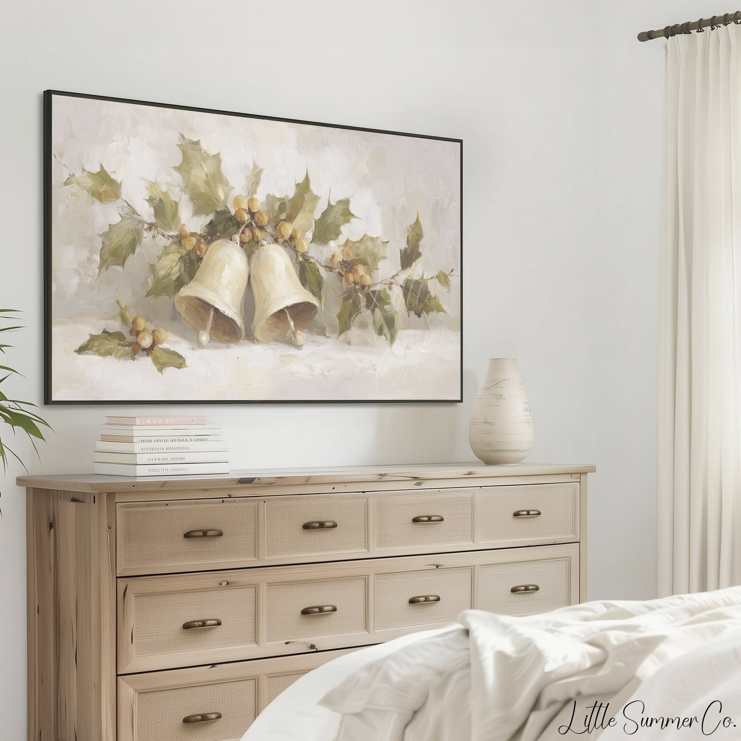 Christmas Bells and Holly Frame TV Art displayed on a TV