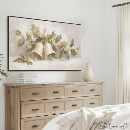 Christmas Bells and Holly Frame TV Art displayed on a TV