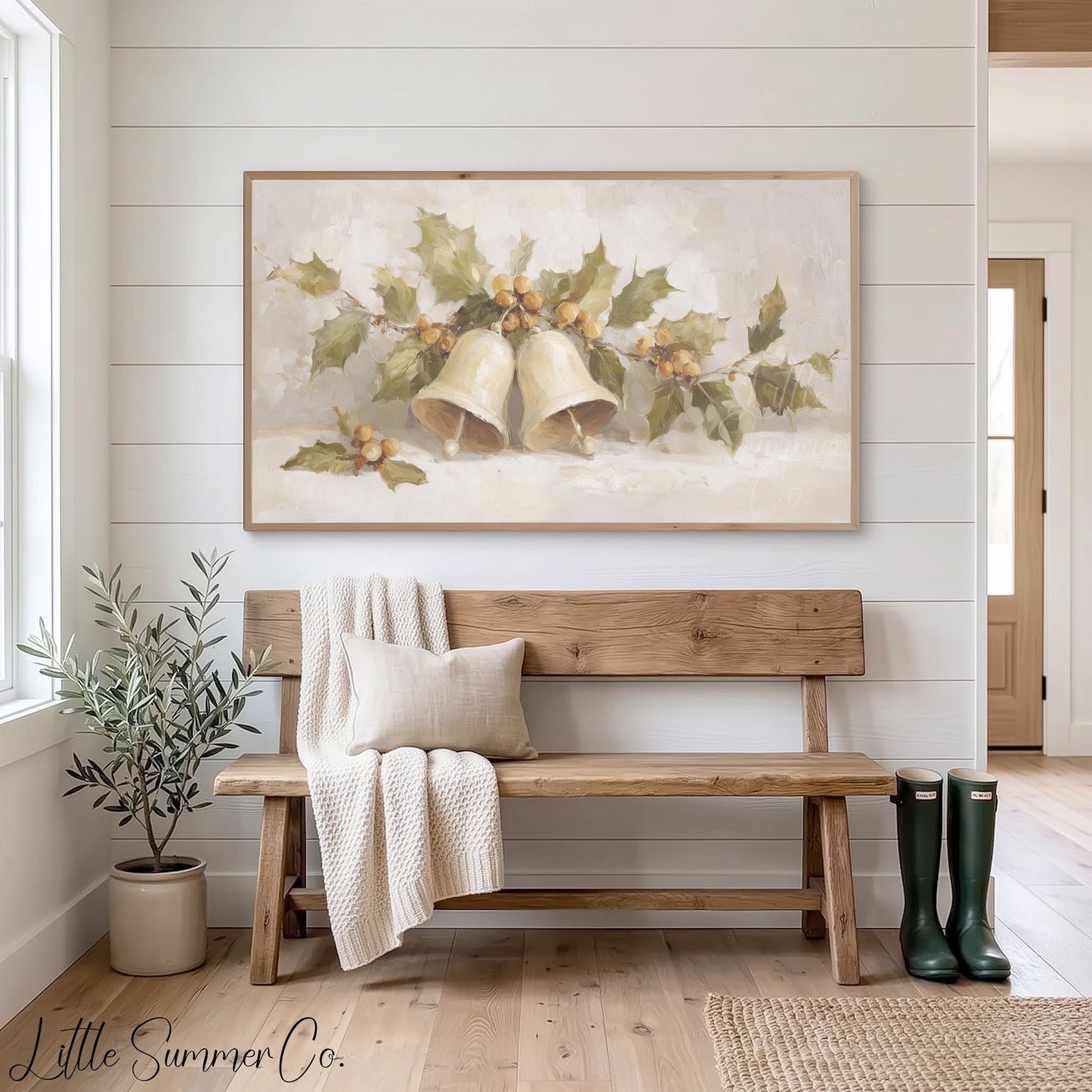 Christmas Bells and Holly Frame TV Art displayed on a TV