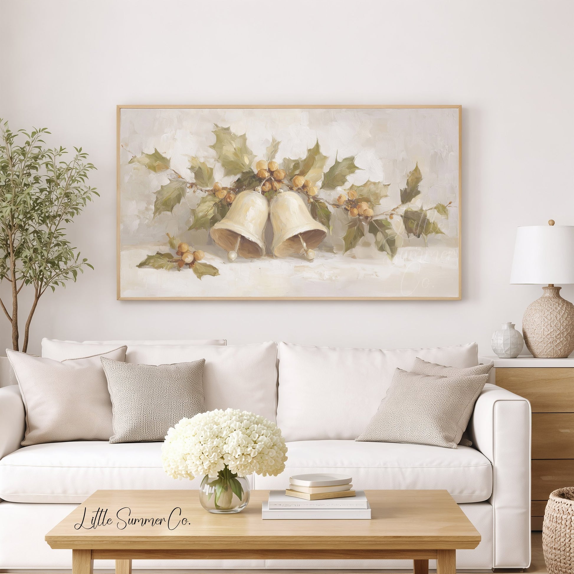 Christmas Bells and Holly Frame TV Art displayed on a TV