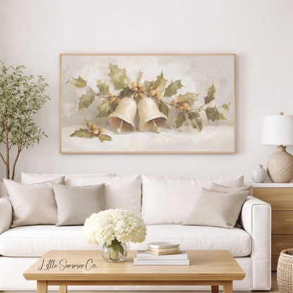 Christmas Bells and Holly Frame TV Art displayed on a TV