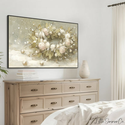 Snowy Rose Arrangement Frame TV Art displayed on a TV