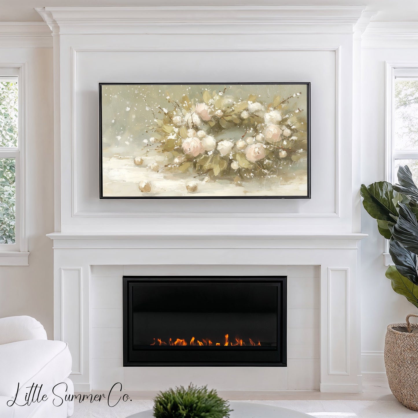 Snowy Rose Arrangement Frame TV Art displayed on a TV