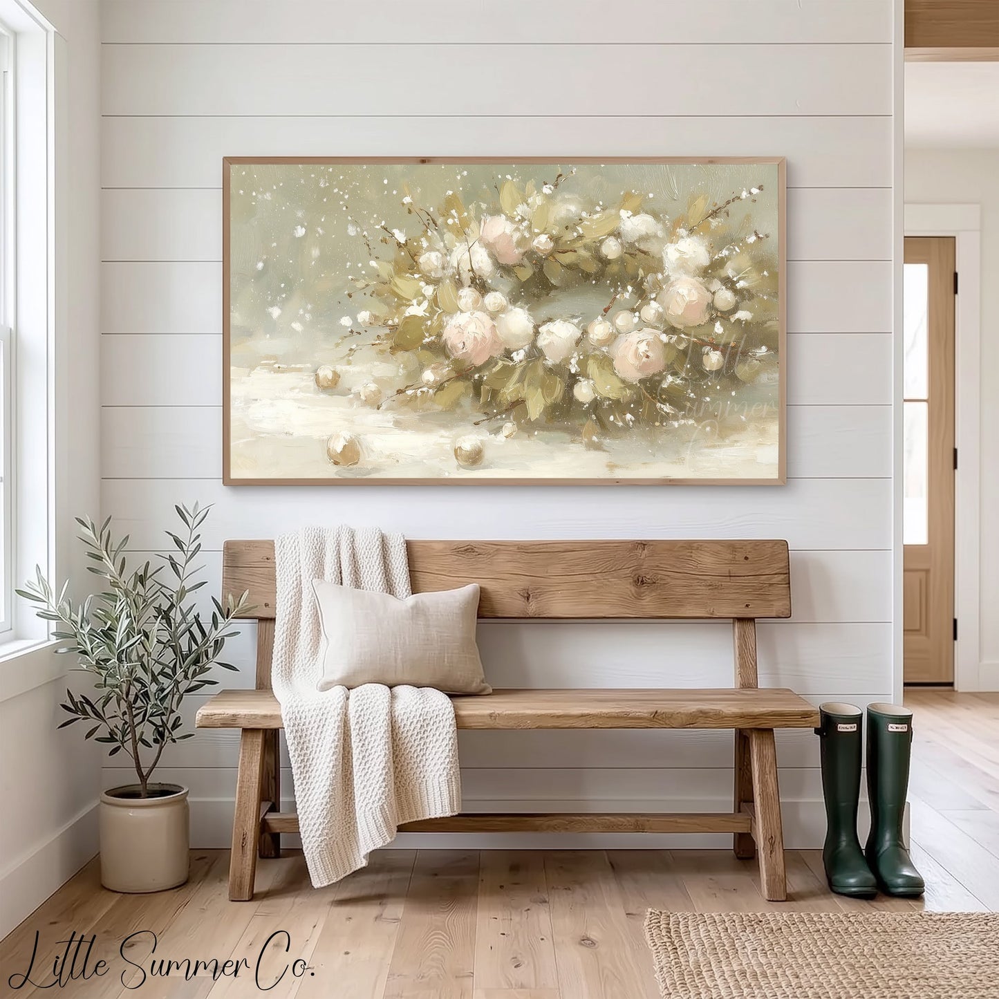 Snowy Rose Arrangement Frame TV Art displayed on a TV