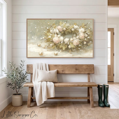 Snowy Rose Arrangement Frame TV Art displayed on a TV
