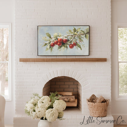 Snowy Apple Branch Frame TV Art displayed on a TV