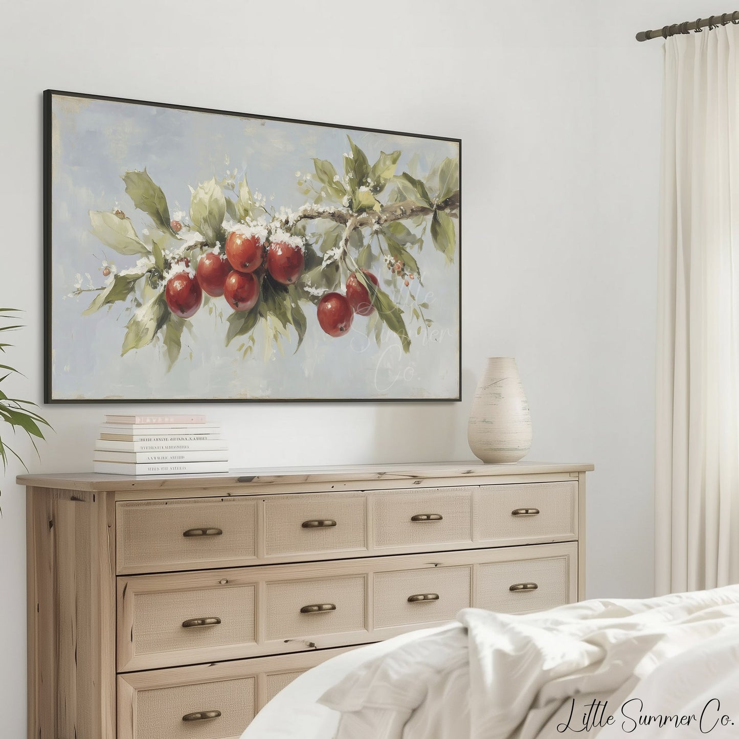 Snowy Apple Branch Frame TV Art displayed on a TV