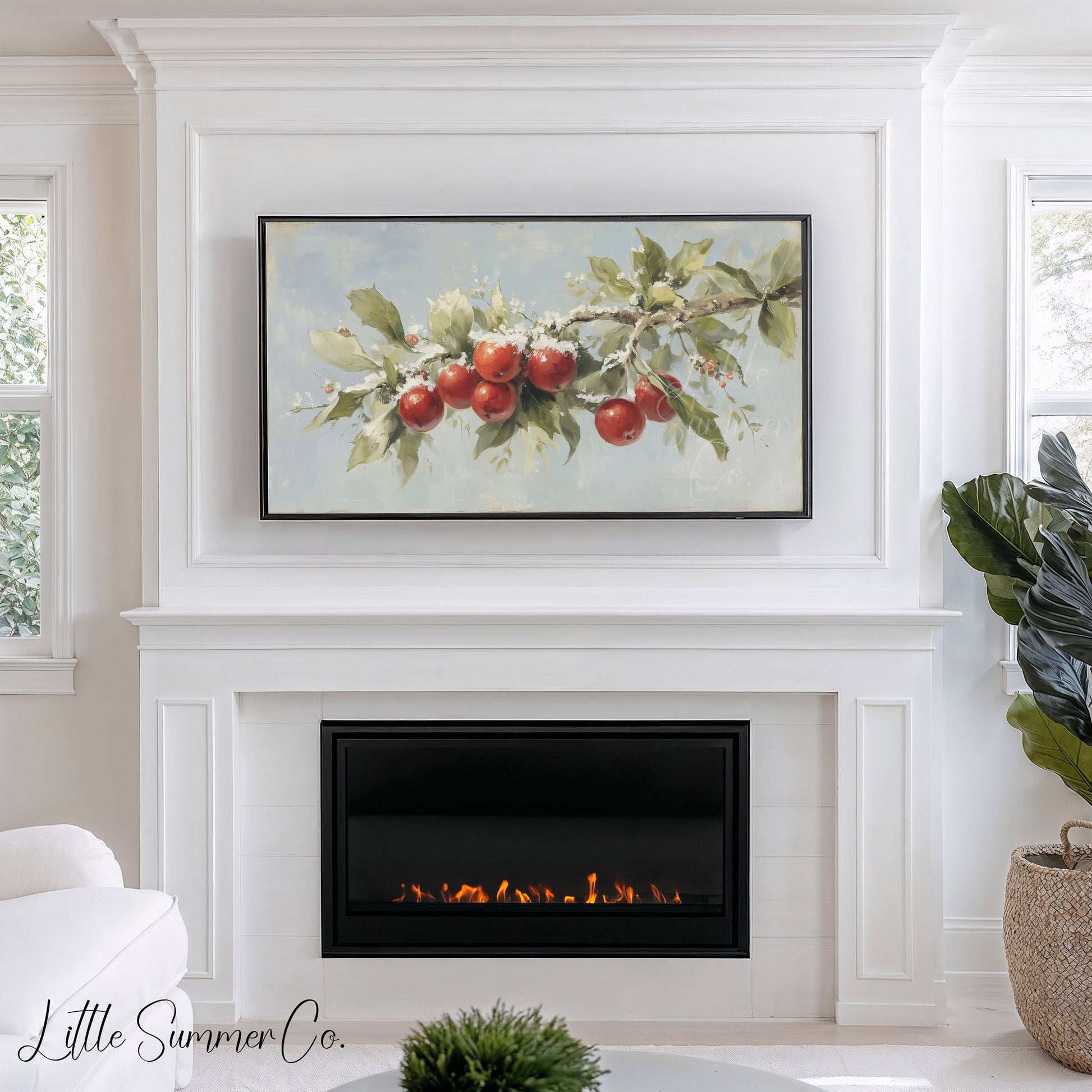 Snowy Apple Branch Frame TV Art displayed on a TV