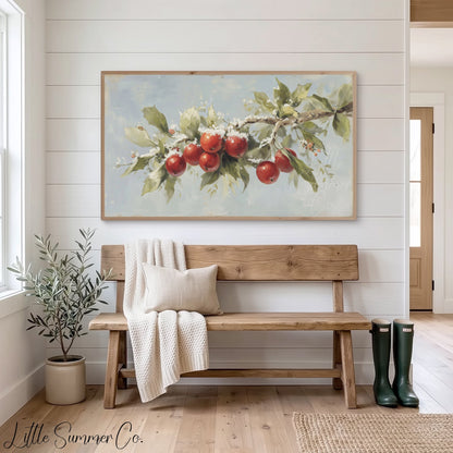 Snowy Apple Branch Frame TV Art displayed on a TV