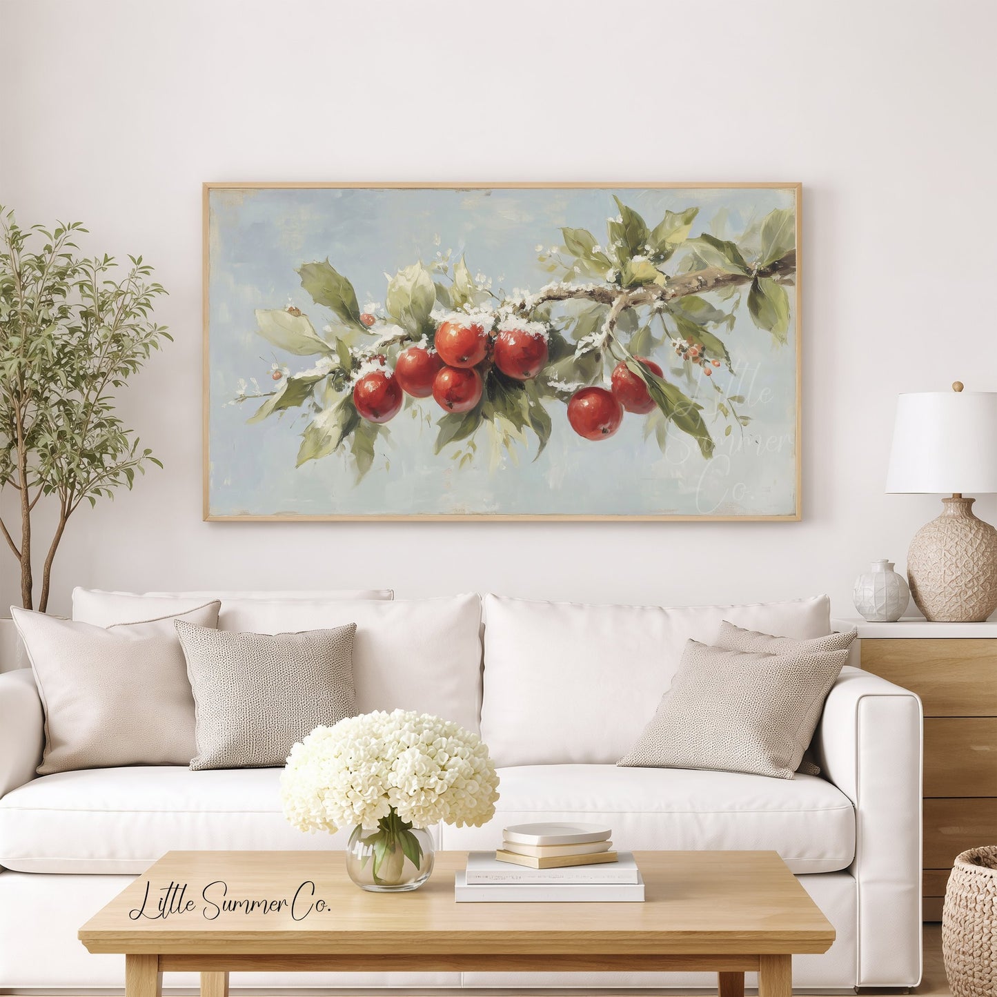 Snowy Apple Branch Frame TV Art displayed on a TV