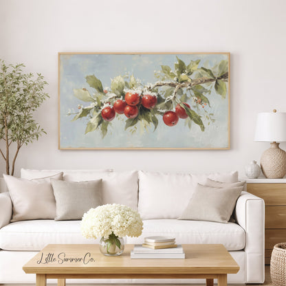 Snowy Apple Branch Frame TV Art displayed on a TV