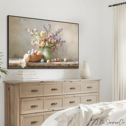 Pastel Eggs And Wildflowers Frame TV Art displayed on a TV
