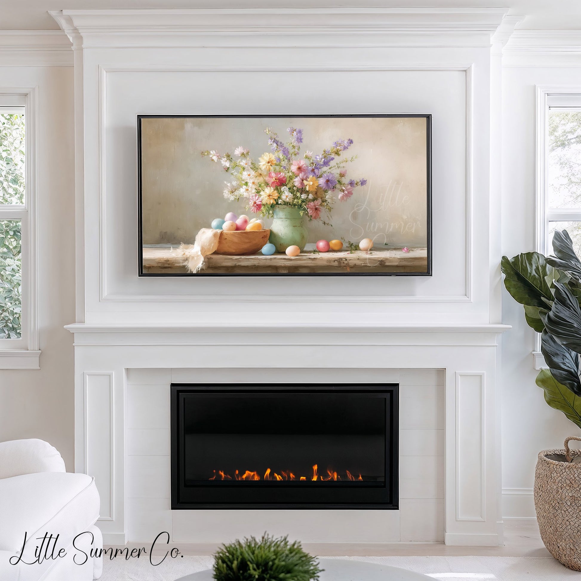Pastel Eggs And Wildflowers Frame TV Art displayed on a TV