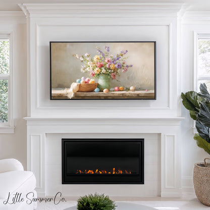 Pastel Eggs And Wildflowers Frame TV Art displayed on a TV