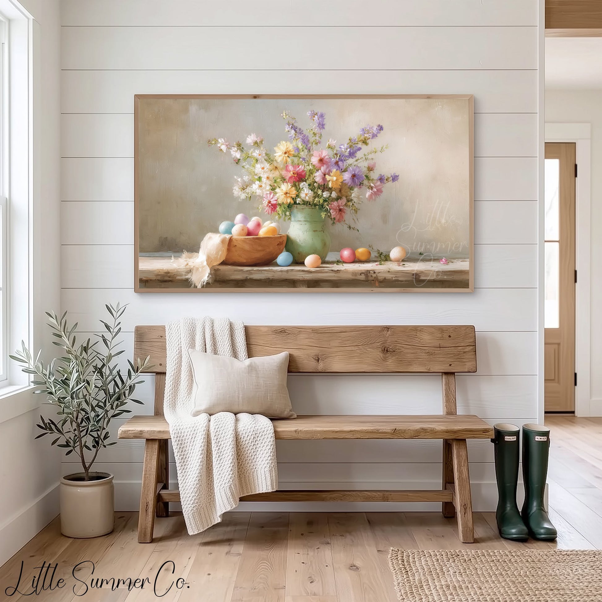 Pastel Eggs And Wildflowers Frame TV Art displayed on a TV