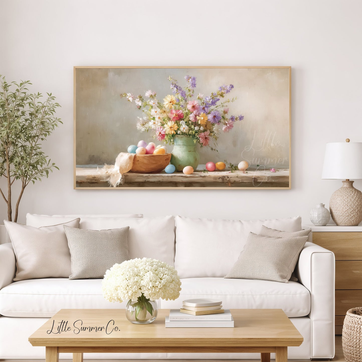 Pastel Eggs And Wildflowers Frame TV Art displayed on a TV