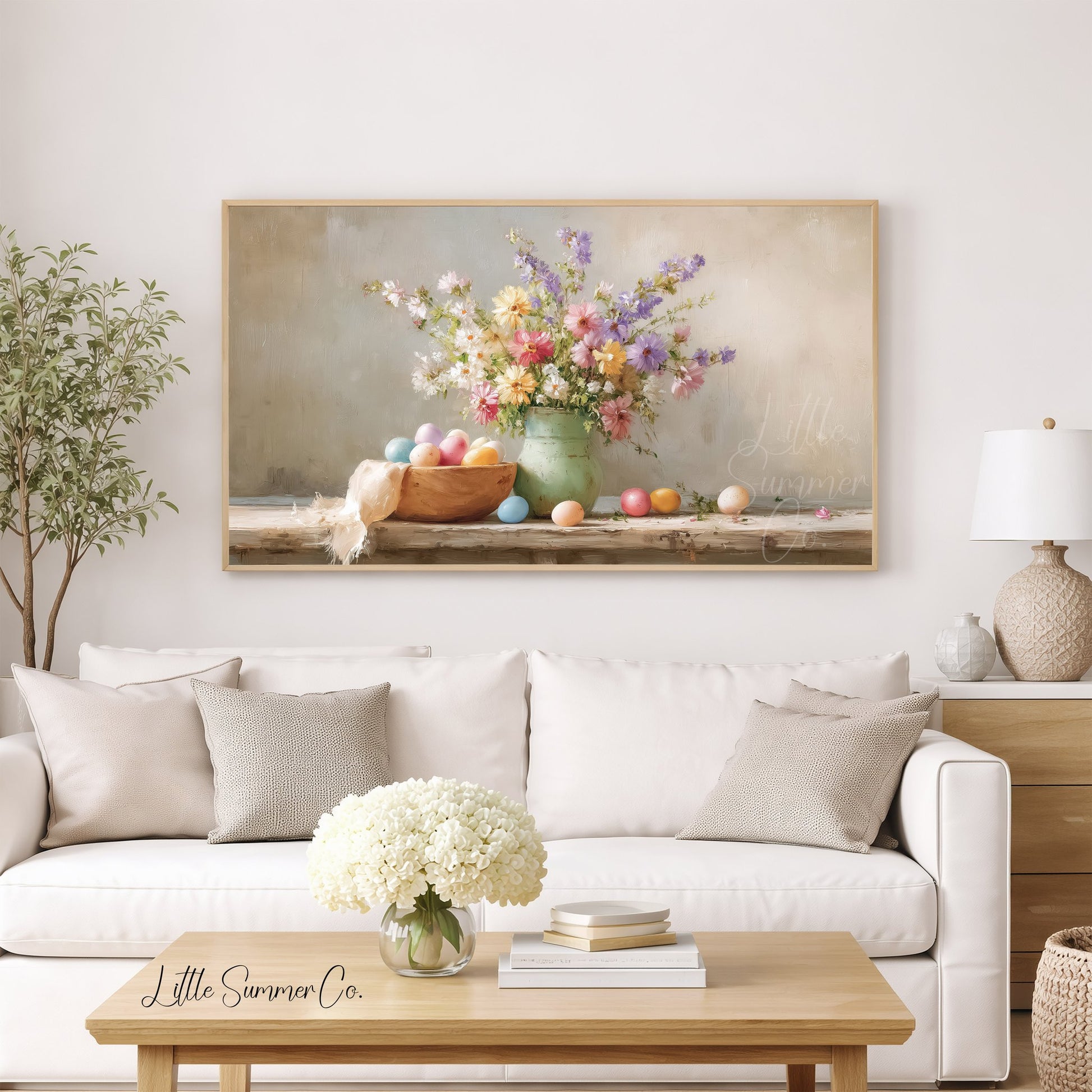 Pastel Eggs And Wildflowers Frame TV Art displayed on a TV