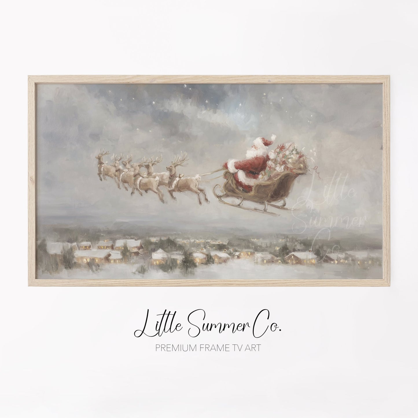 Santa Sleigh Over Village Frame TV Art displayed on a TV