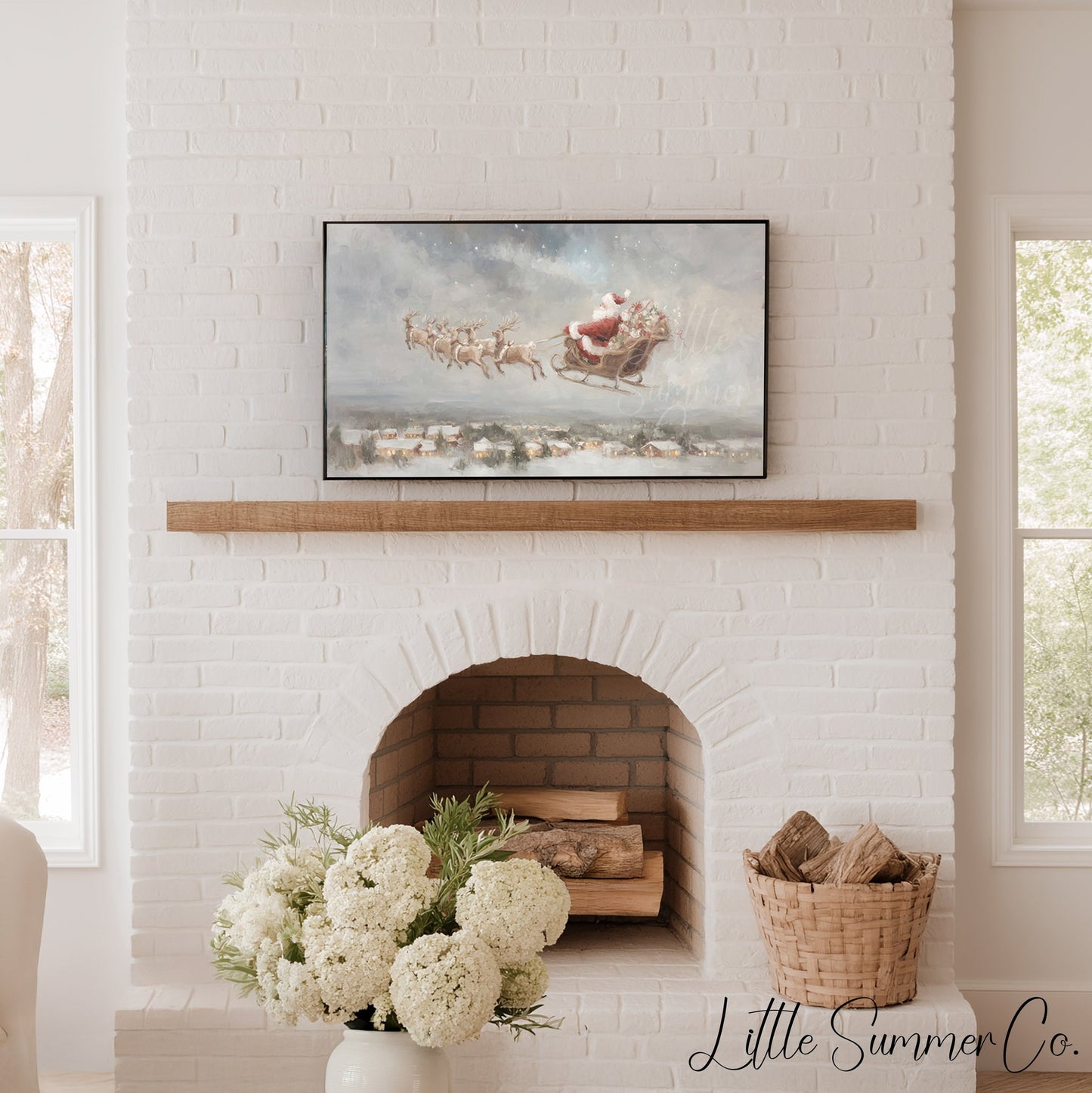 Santa Sleigh Over Village Frame TV Art displayed on a TV