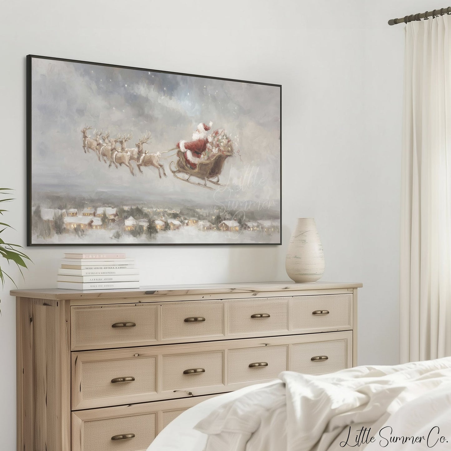 Santa Sleigh Over Village Frame TV Art displayed on a TV