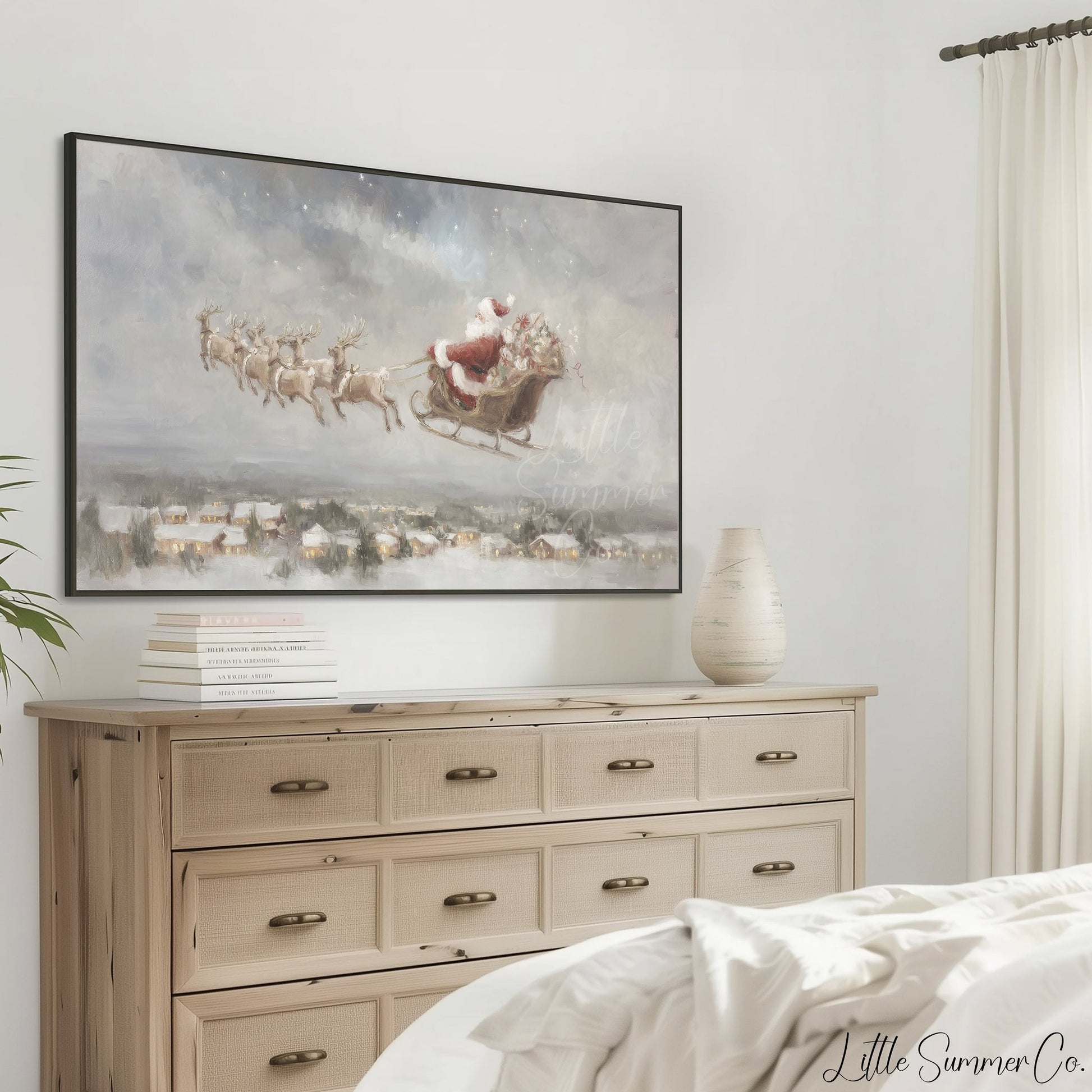 Santa Sleigh Over Village Frame TV Art displayed on a TV