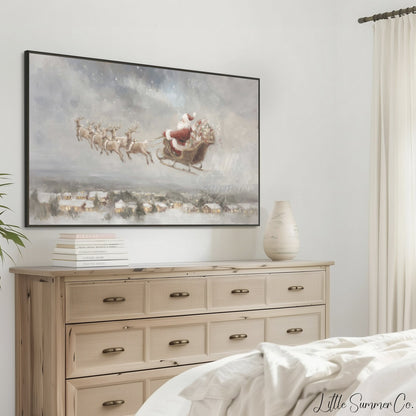 Santa Sleigh Over Village Frame TV Art displayed on a TV