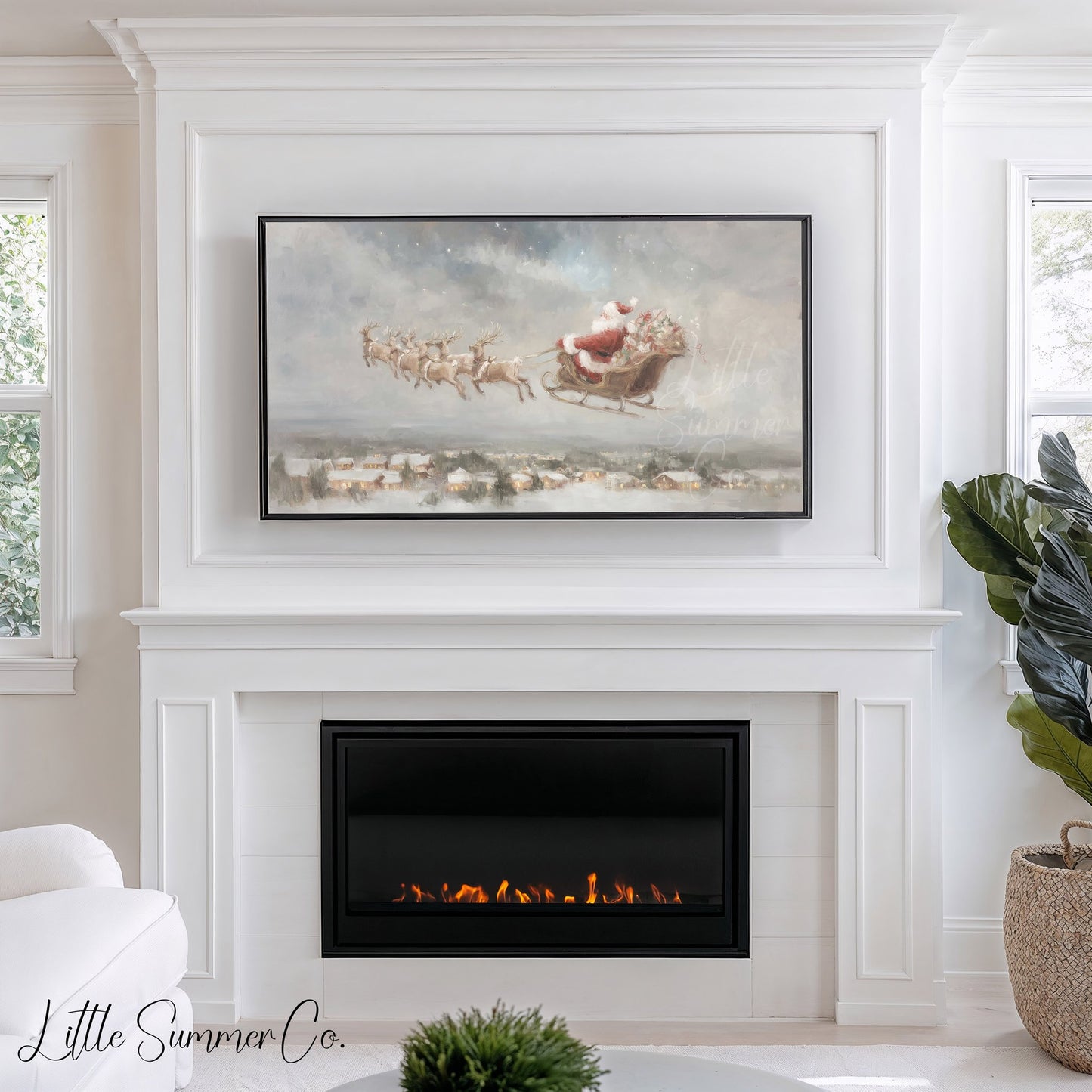 Santa Sleigh Over Village Frame TV Art displayed on a TV