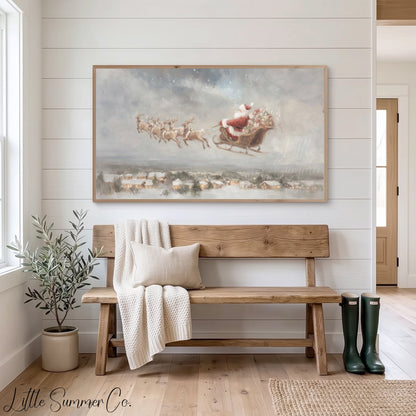 Santa Sleigh Over Village Frame TV Art displayed on a TV