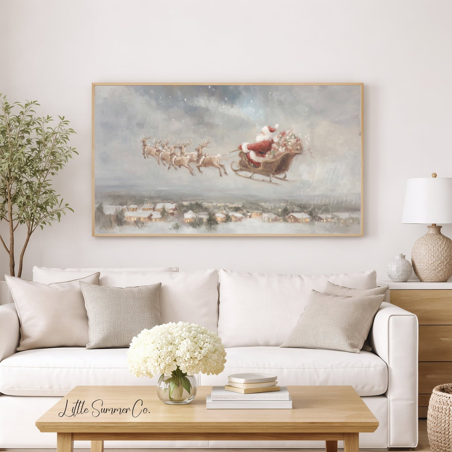 Santa Sleigh Over Village Frame TV Art displayed on a TV