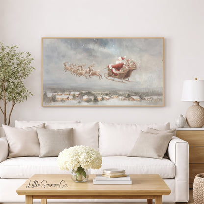 Santa Sleigh Over Village Frame TV Art displayed on a TV