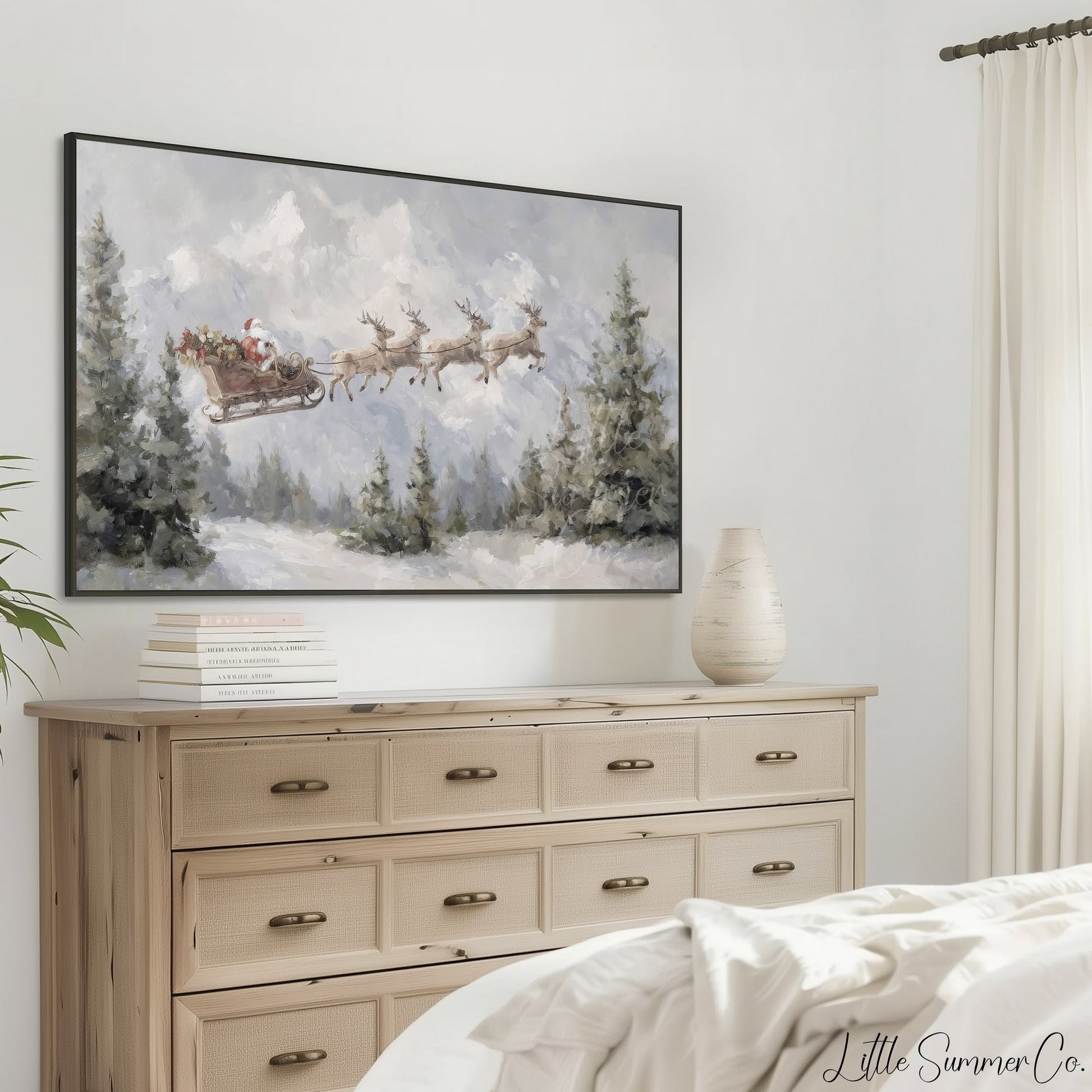Santa Sleigh in Forest Frame TV Art displayed on a TV