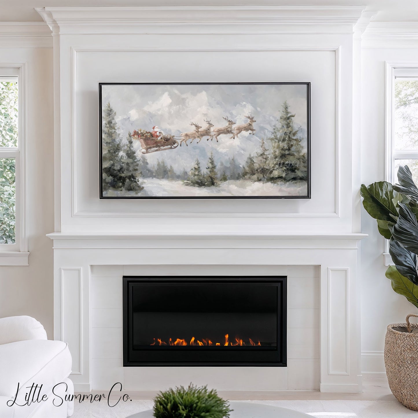 Santa Sleigh in Forest Frame TV Art displayed on a TV