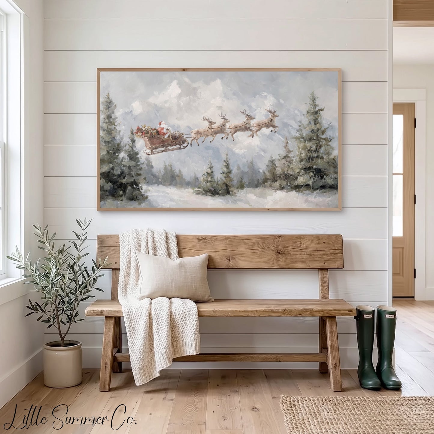 Santa Sleigh in Forest Frame TV Art displayed on a TV