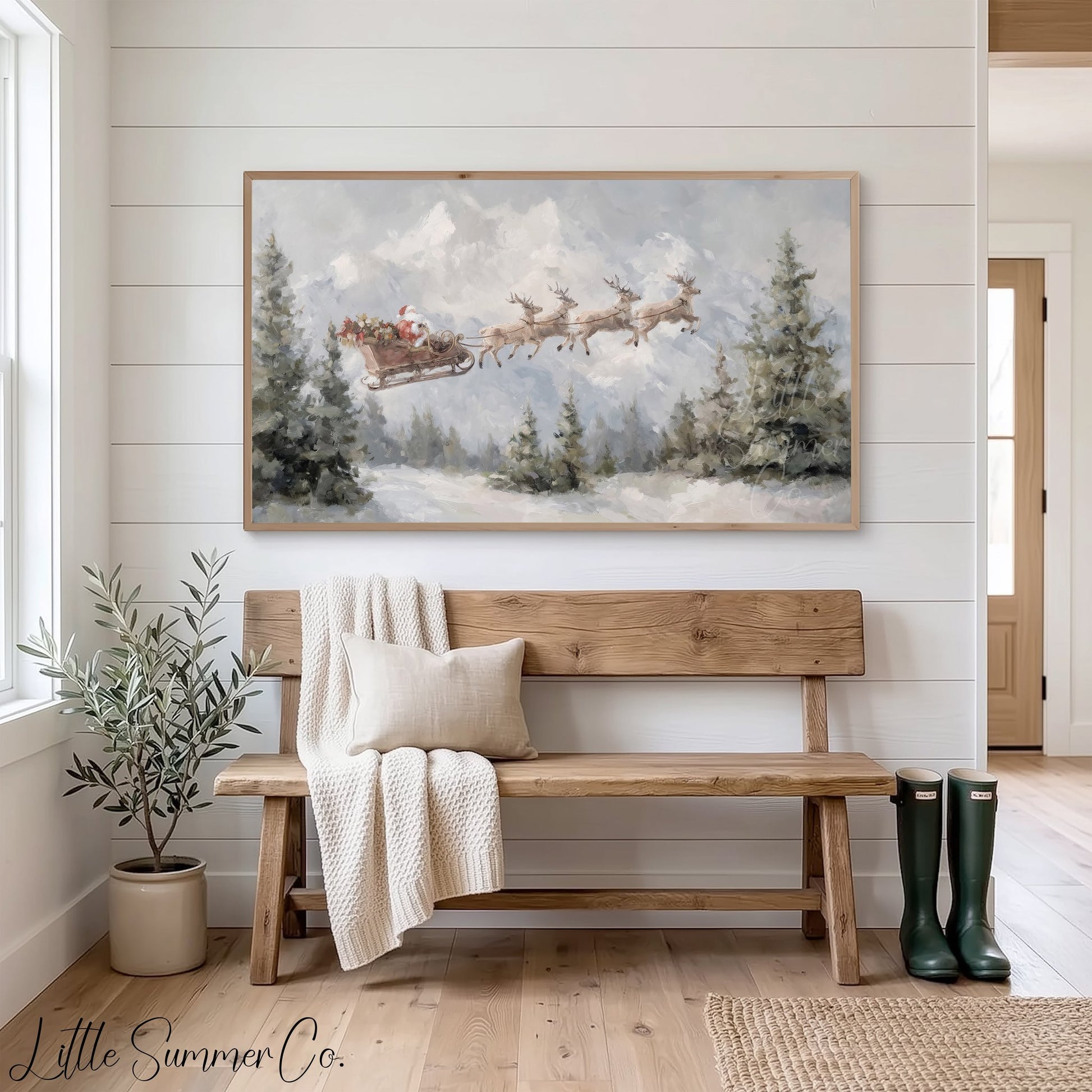 Santa Sleigh in Forest Frame TV Art displayed on a TV