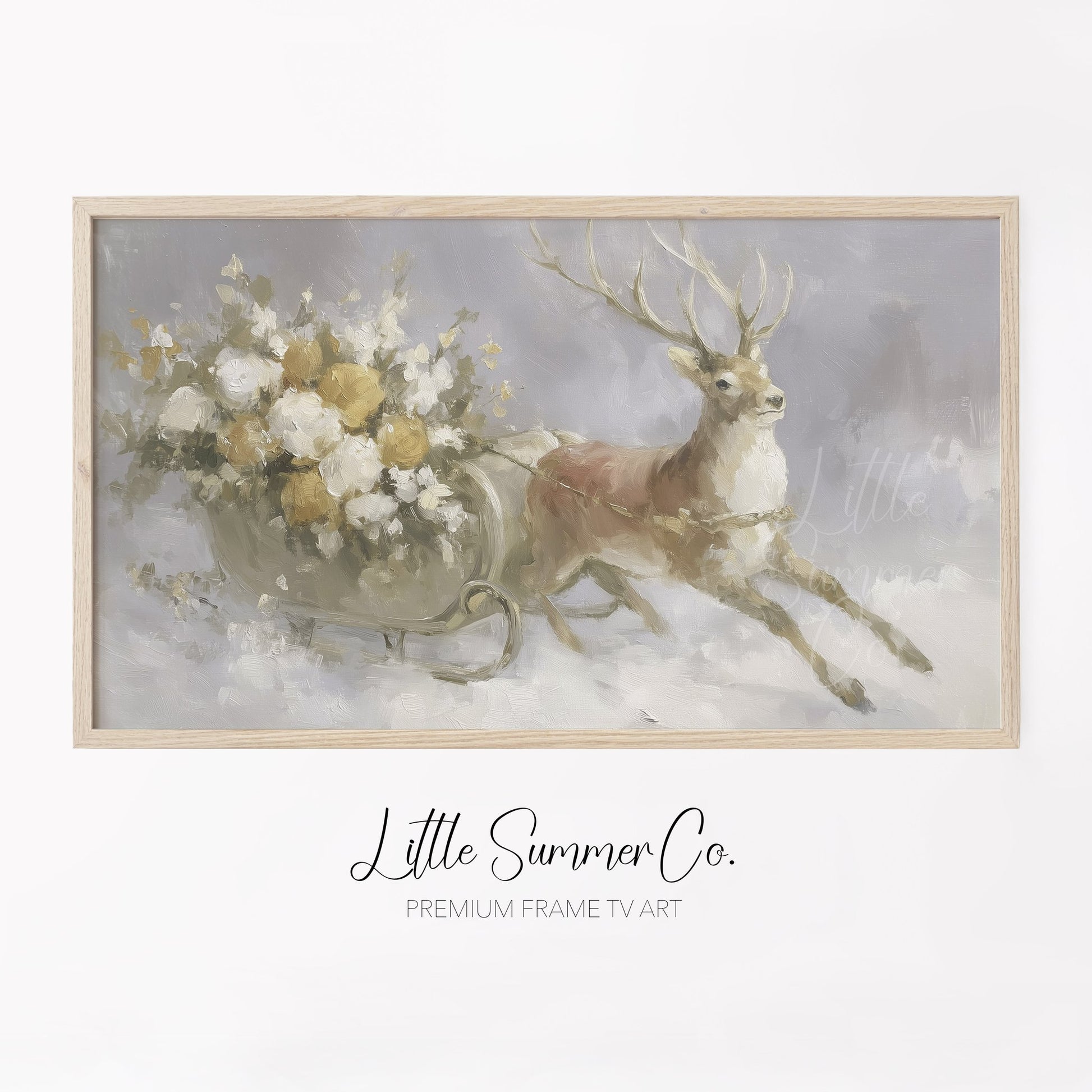 Reindeer Pulling Sleigh Frame TV Art displayed on a TV