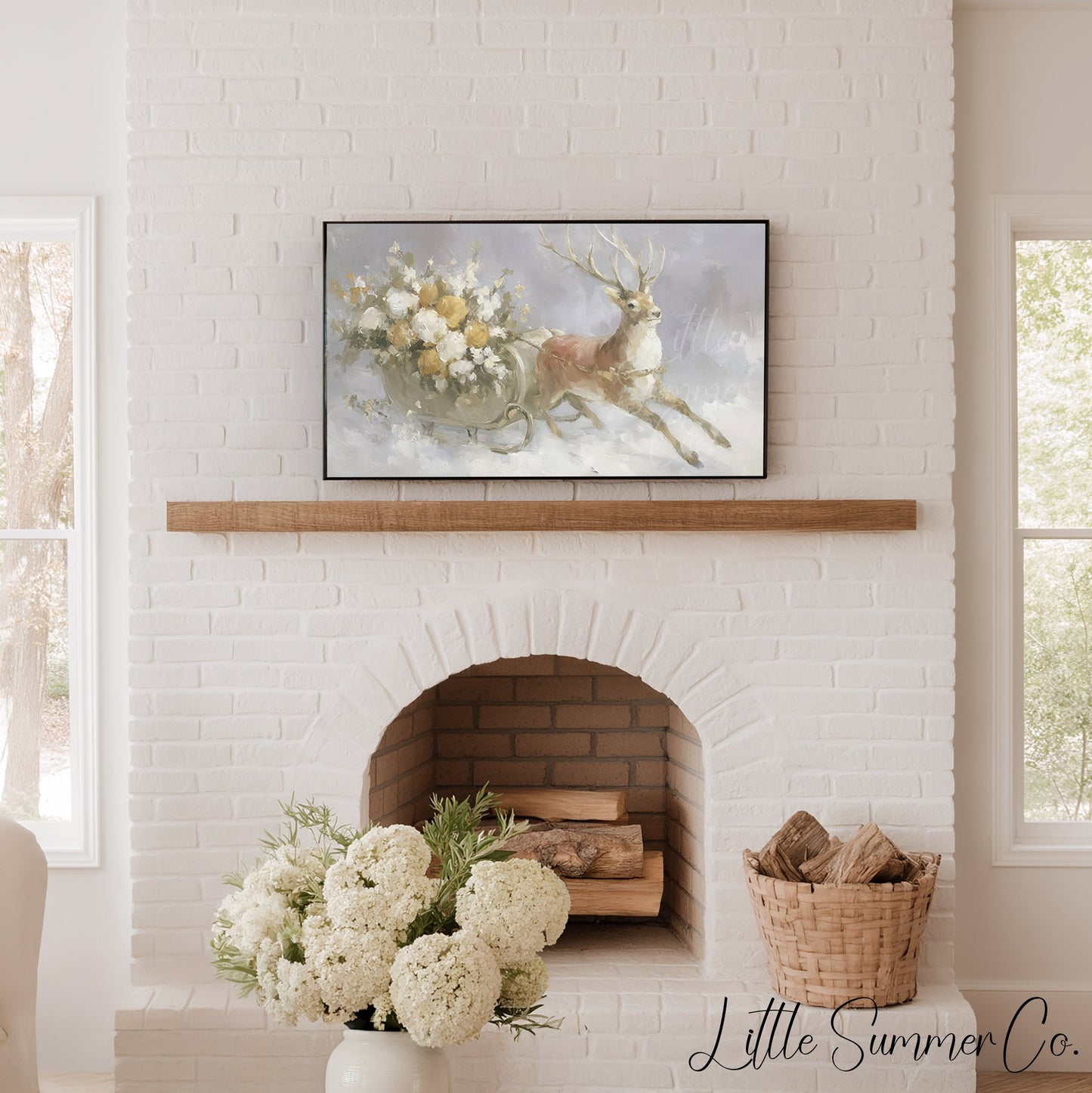 Reindeer Pulling Sleigh Frame TV Art displayed on a TV