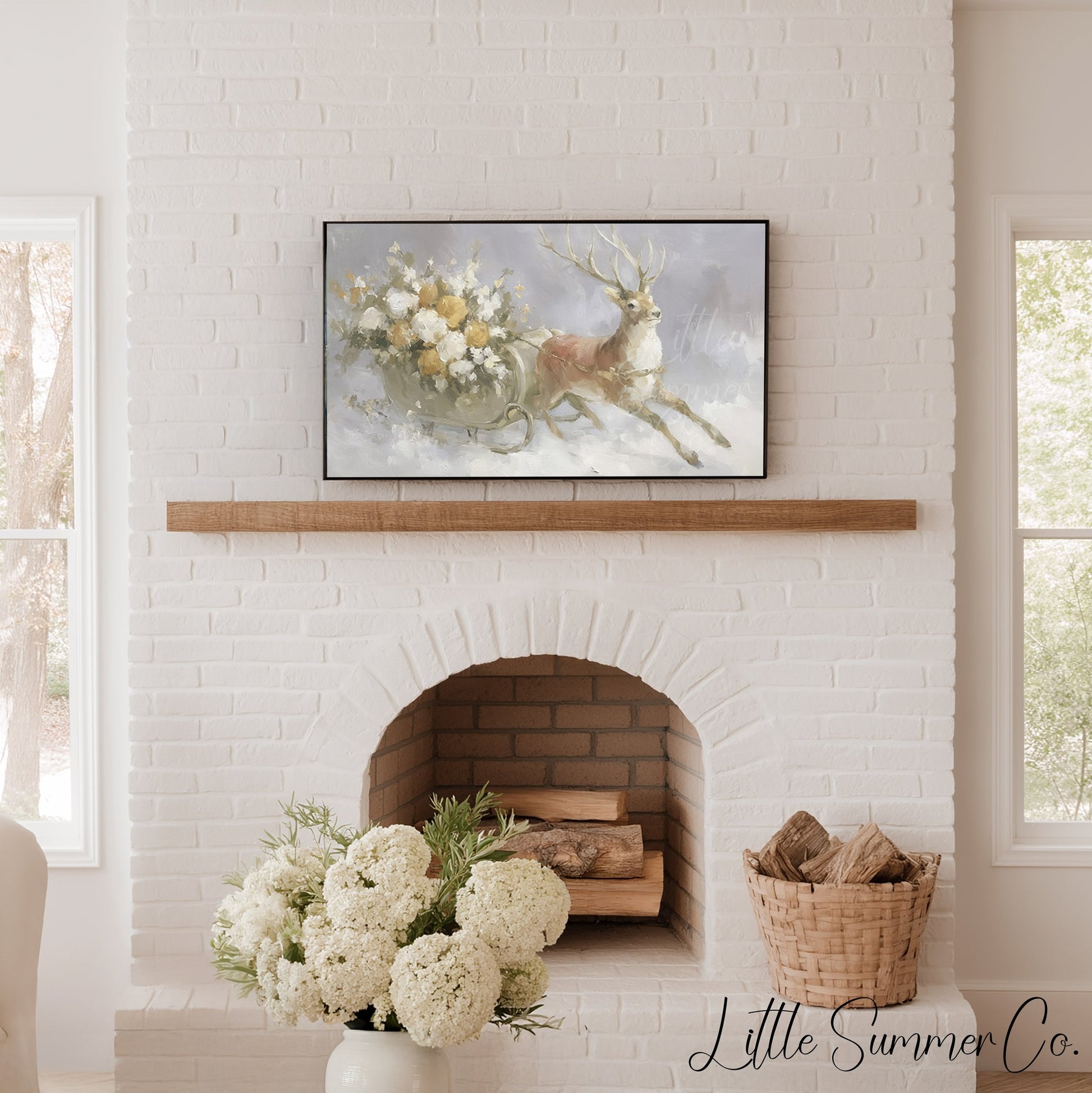 Reindeer Pulling Sleigh Frame TV Art displayed on a TV