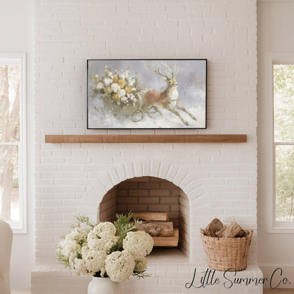 Reindeer Pulling Sleigh Frame TV Art displayed on a TV