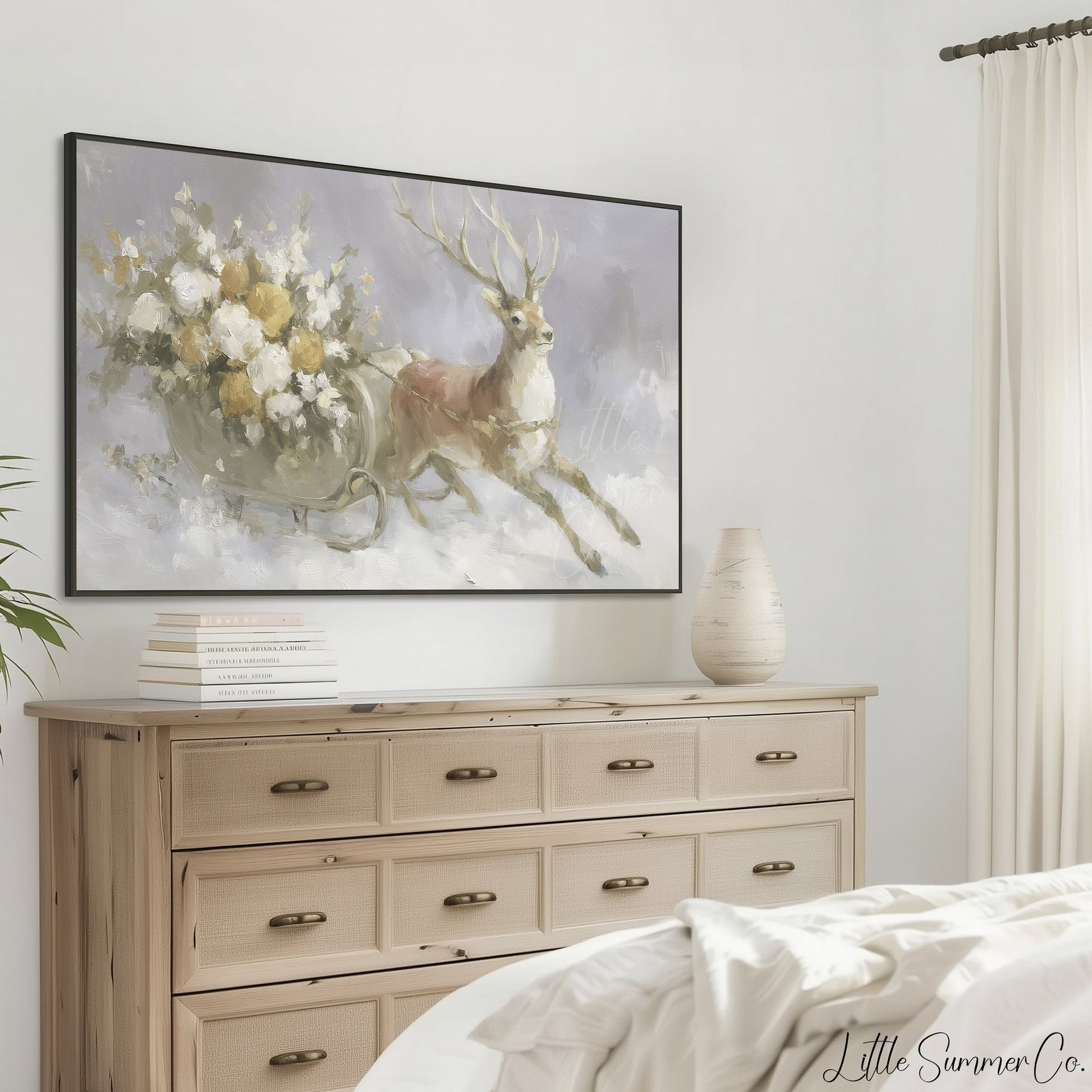 Reindeer Pulling Sleigh Frame TV Art displayed on a TV
