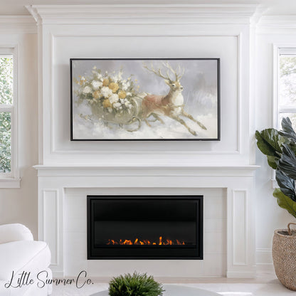 Reindeer Pulling Sleigh Frame TV Art displayed on a TV