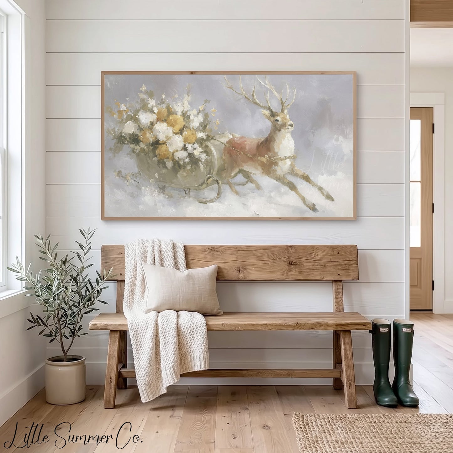 Reindeer Pulling Sleigh Frame TV Art displayed on a TV