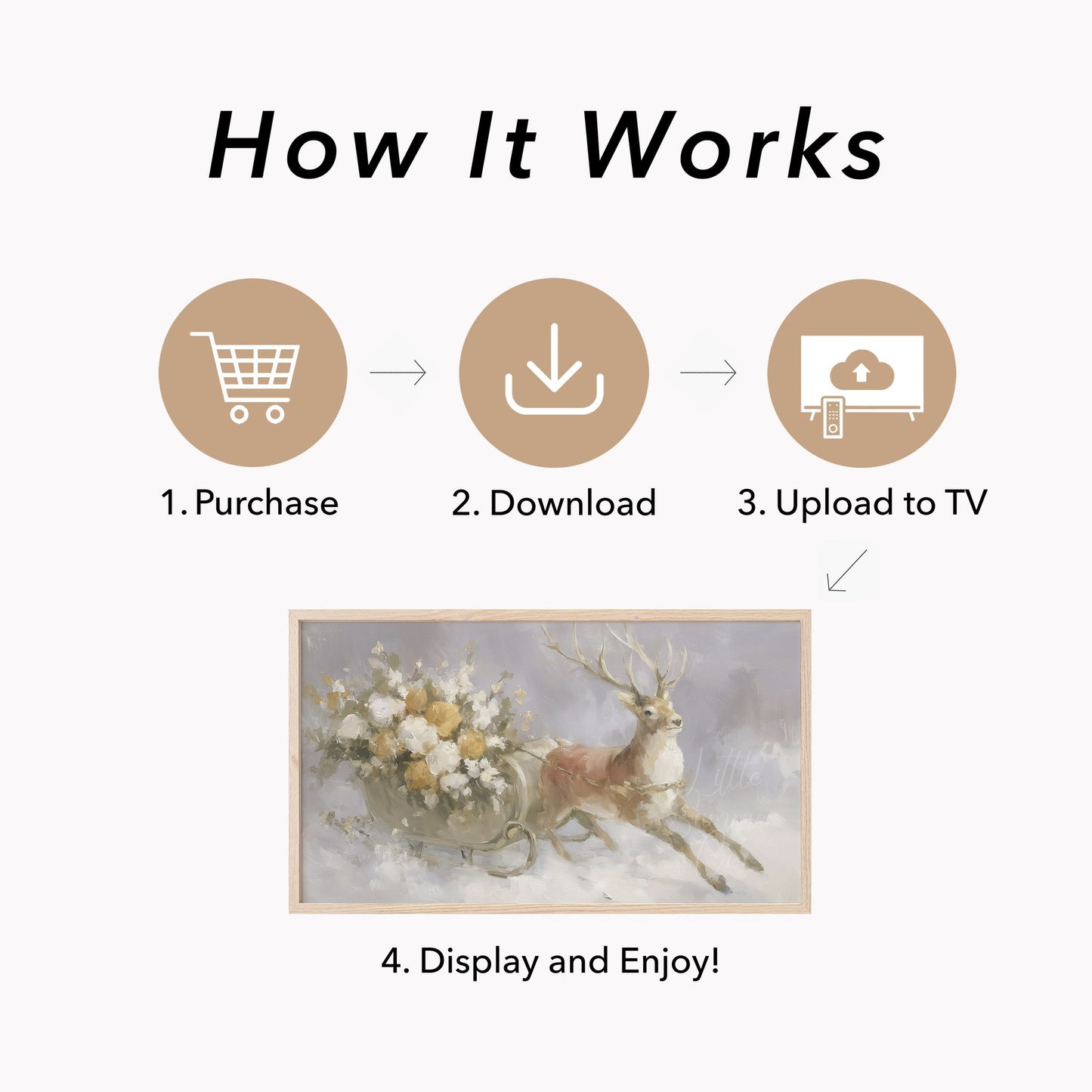 Reindeer Pulling Sleigh Frame TV Art displayed on a TV