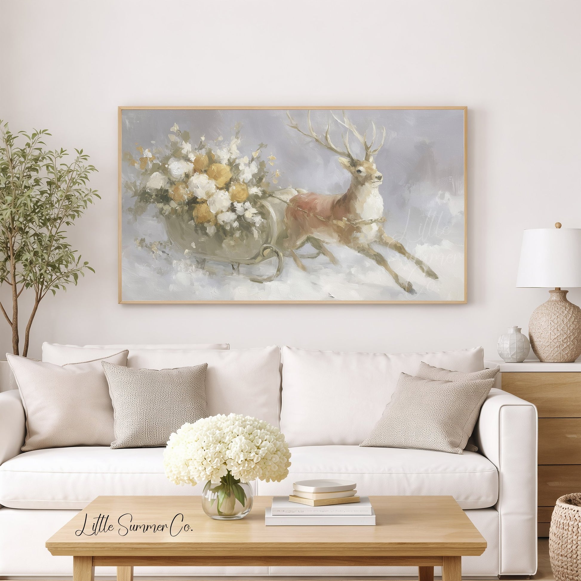 Reindeer Pulling Sleigh Frame TV Art displayed on a TV